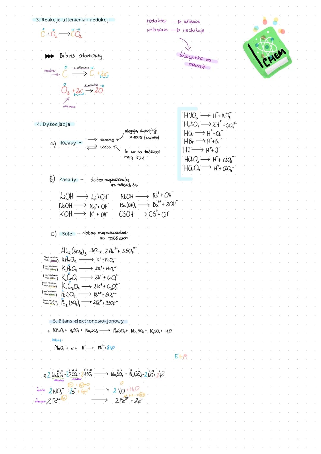 3. Reakcje utlenienia i redukcji
C+0₂ → CO₂
reduktor
Bilans atomowy.
O. c. utlenienia IV.
8₂
utleniace
4. Dysocjac ja
r. redukg-1
12e-20
a) 