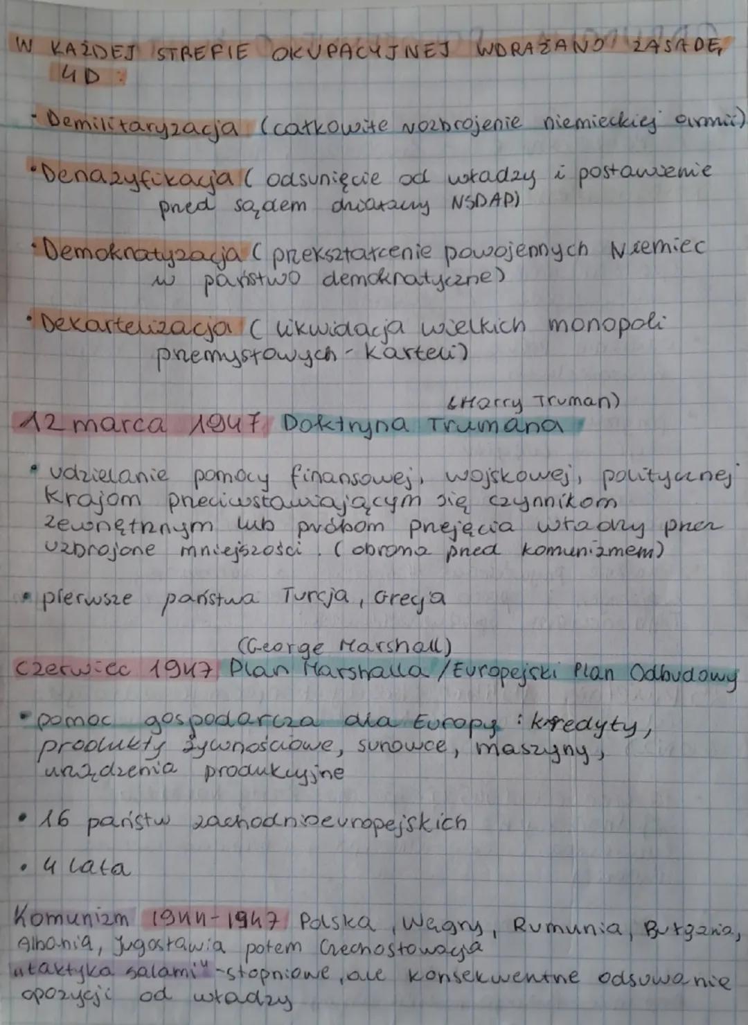 ODBUDOWA POWOJENNEGO ŚWIATA
17 lipca - 2 sierpnia 1945 Konferencja pokojowa
w Poczdamie - światowy top
postanowienia:
- usankcjonowanie okup