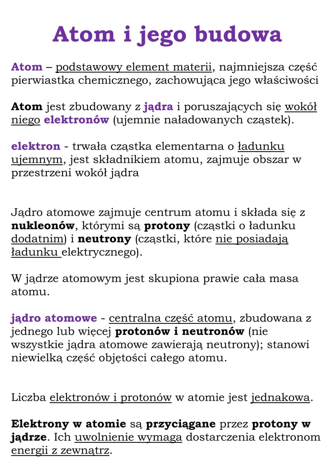 Atom i jego budowa
Atom - podstawowy element materii, najmniejsza część
pierwiastka chemicznego, zachowująca jego właściwości
Atom jest zbud