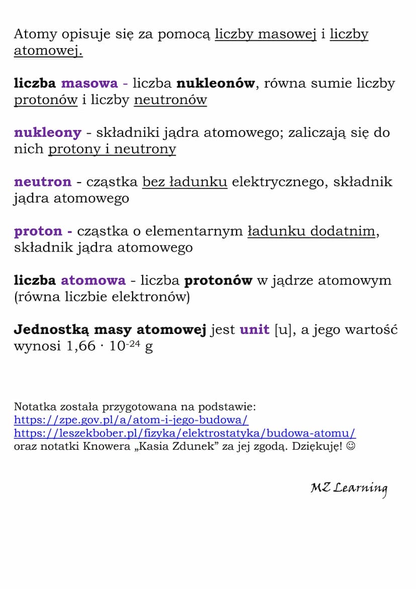 Atom i jego budowa
Atom - podstawowy element materii, najmniejsza część
pierwiastka chemicznego, zachowująca jego właściwości
Atom jest zbud