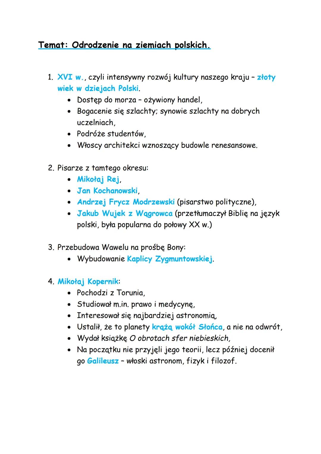 Temat: Odrodzenie na ziemiach polskich.
1. XVI w., czyli intensywny rozwój kultury naszego kraju - złoty
wiek w dziejach Polski.
•
Dostęp do