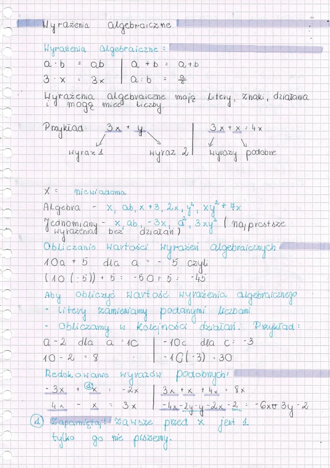 # Wyrażenia Algebraiczne

Wyrażenia Algebraiczne:

$a \cdot b = ab$ | $a + b = a+b$

$3x = 3x$ | $a : b = \frac{a}{b}$

Wyrażenia algebraicz
