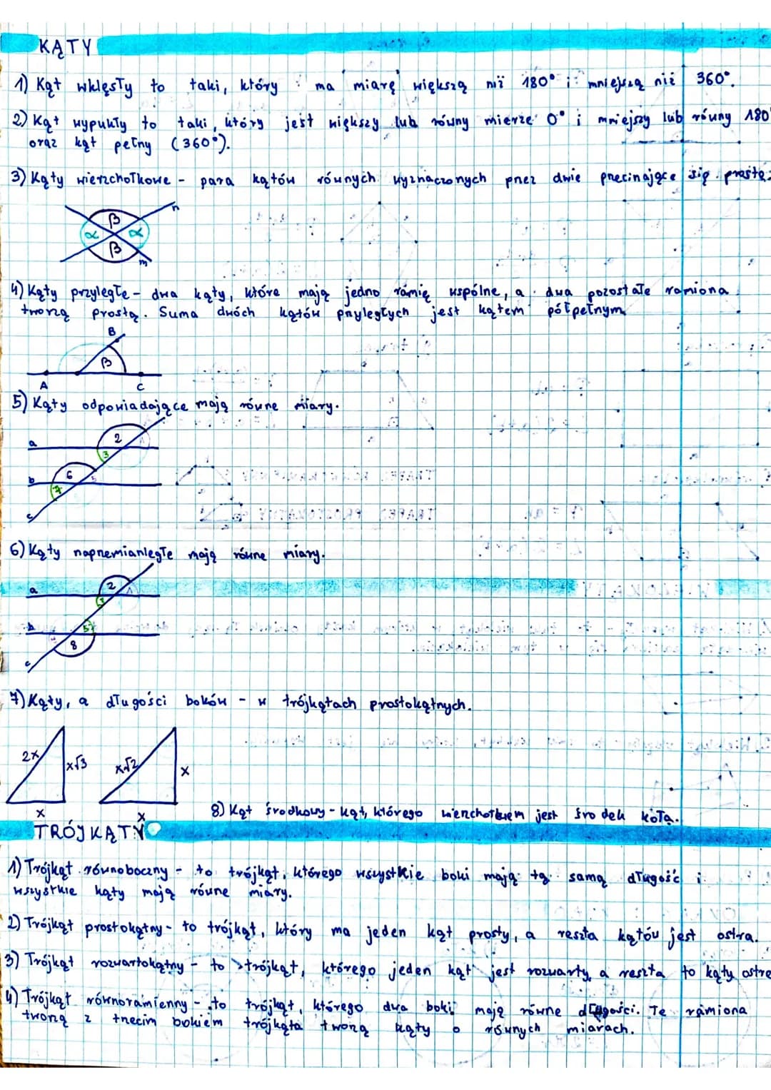 KATY
1) Kąt wklęsły to
2) кат Нурикту to
oraz kąt pełny (360°).
3) Kąty wierzchołkowe.
a
b
x
B
B
2x
4) Kąty przyległe - dwa kąty, które mają