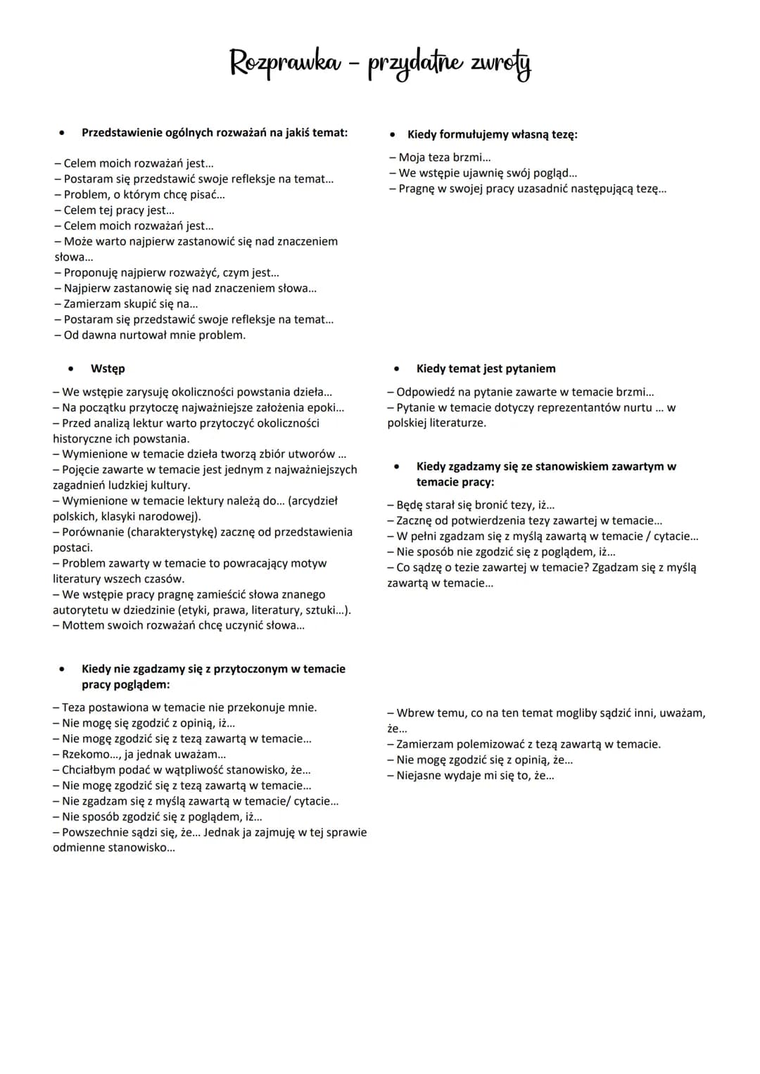 Rozprawka - przydatne zwroty
Przedstawienie ogólnych rozważań na jakiś temat:
- Celem moich rozważań jest...
- Postaram się przedstawić swoj