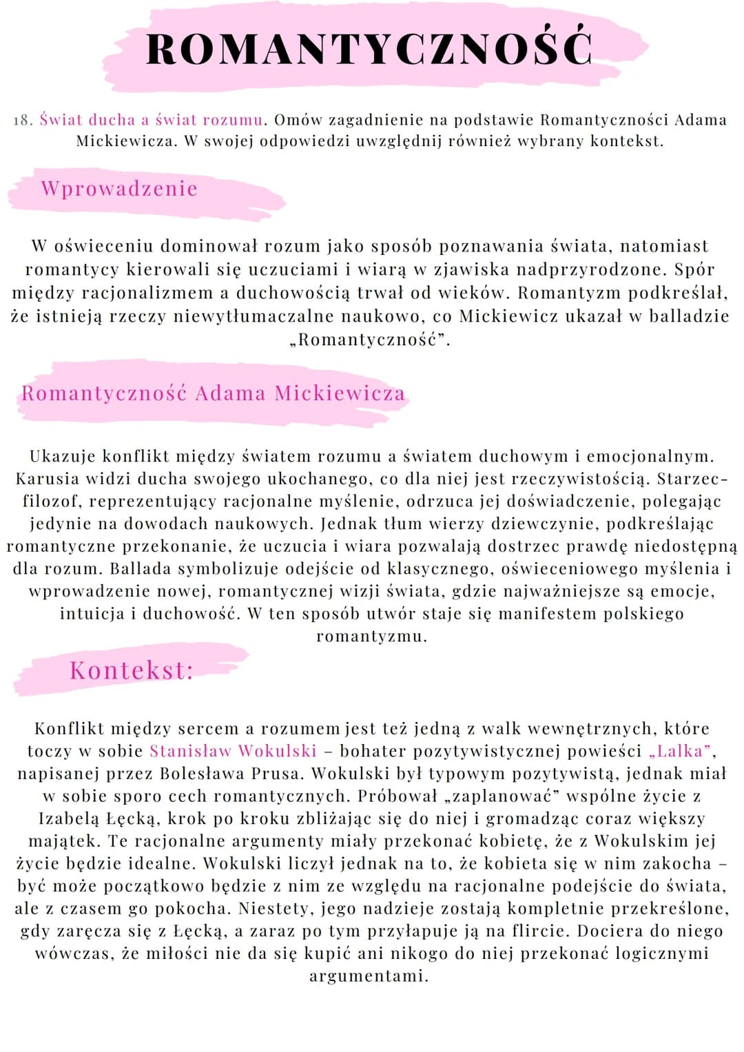 --- OCR Start ---
ROMANTYCZNOŚĆ
18. Świat ducha a świat rozumu. Omów zagadnienie na podstawie Romantyczności Adama
Mickiewicza. W swojej odp