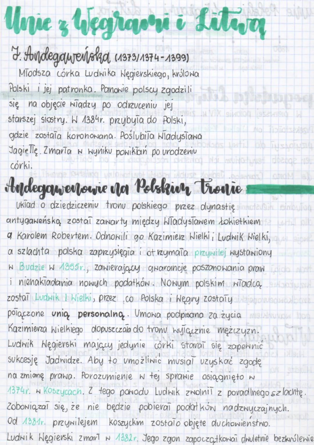 # unie Polski z Węgrami i Litwa

++

14370-

1370

Jadwiga Andeganeńska (1384-1399)

+

1400

+

1413r.

1350

1385 1386

Śmierć Kozimierza 