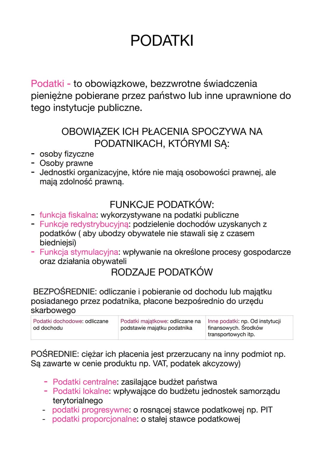 PODATKI
Podatki - to obowiązkowe, bezzwrotne świadczenia
pieniężne pobierane przez państwo lub inne uprawnione do
tego instytucje publiczne.