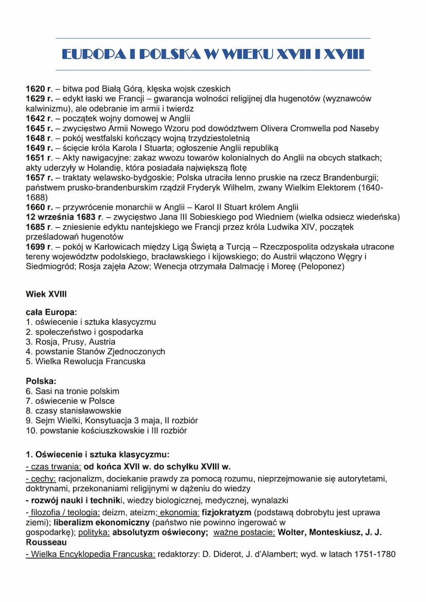 EUROPA I POLSKA W WIEKU XVII I XVIII
Europa w XVII wieku
Ważne pojęcia:
Społeczeństwo Anglii w I poł. XVII w. - burżuazja i tzw. nowa szlach