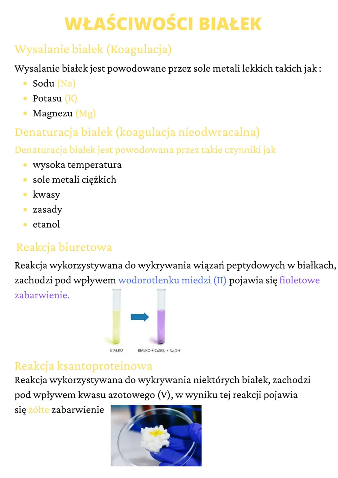 WŁAŚCIWOŚCI BIAŁEK
Wysalanie białek (Koagulacja)
Wysalanie białek jest powodowane przez sole metali lekkich takich jak:
Sodu (Na)
• Potasu (