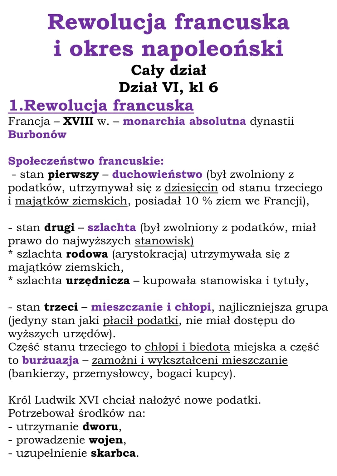 Rewolucja francuska
i okres napoleoński
Cały dział
Dział VI, kl 6
1.Rewolucja francuska
Francja - XVIII w. monarchia absolutna dynastii
Burb