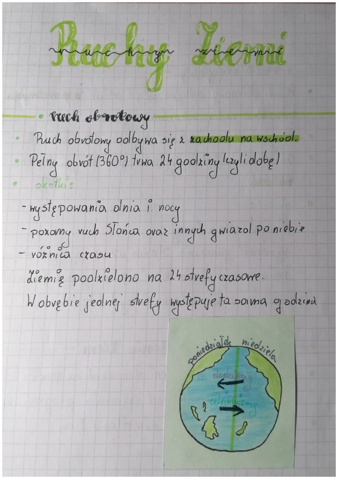 Pruchy Fierni
nech obrotowy
Ruch obrotowy odbywa się z rachoolu na wschool..
Pelny obrót (360°) trwa 24 godziny lczyli dobę)
Lokatki:
- wyst