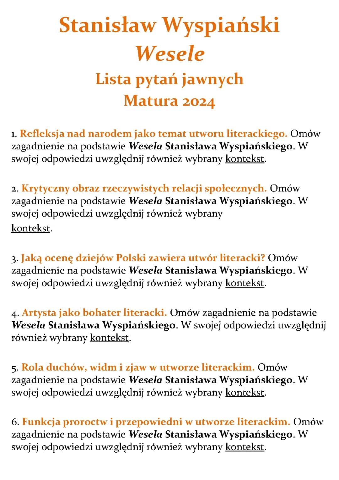 Wesele Stanisława Wyspiańskiego: Pytania Jawne na Maturę 2024—Lista i Odpowiedzi