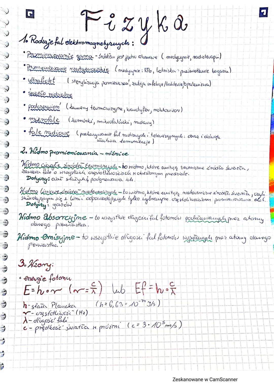 3
Fizyka
1. Rodzaje fal elektromagnetyruych:
•Promieniowanie gama - Iródłem jest jądro alumnowe (medycynie, radioterapi)
• Promieniavanie re
