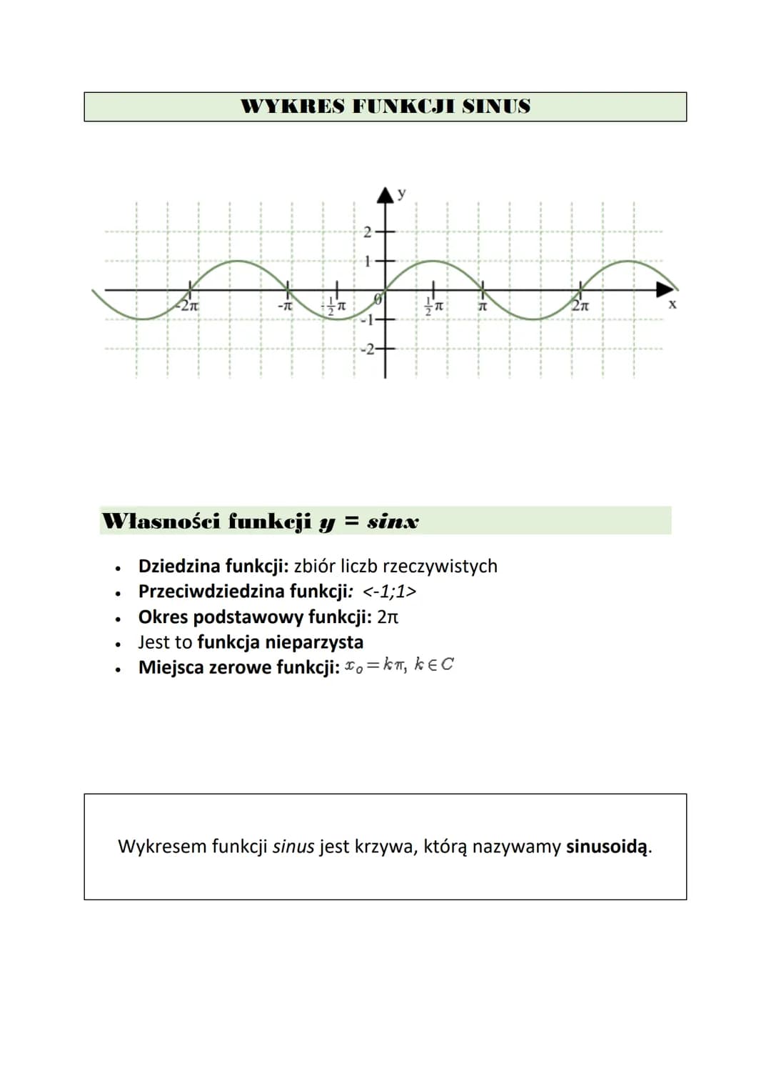 ●
WYKRES FUNKCJI SINUS
●
कीर्बनिकी
81
Własności funkcji y = sinx
-TC
Dziedzina funkcji: zbiór liczb rzeczywistych
Przeciwdziedzina funkcji: 