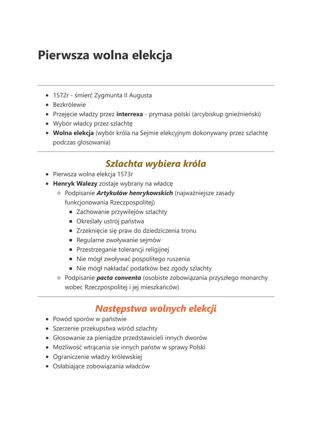 Pierwsza wolna elekcja
• 1572r - śmierć Zygmunta II Augusta
• Bezkrólewie
Przejęcie władzy przez interrexa - prymasa polski (arcybiskup gnie