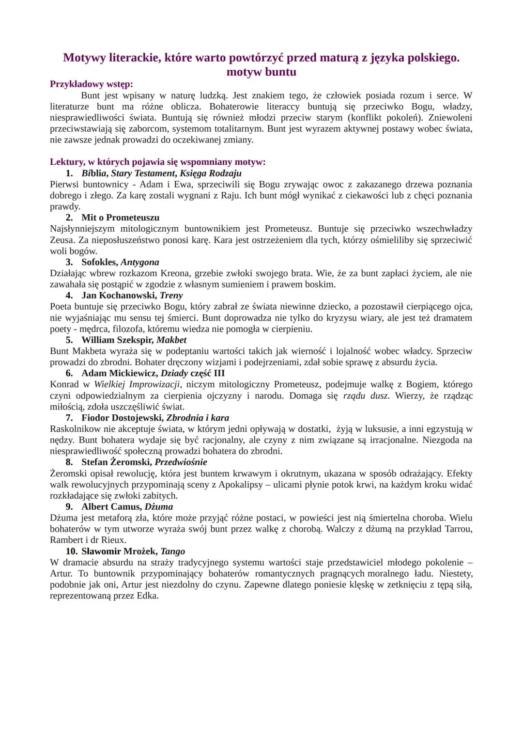 Motywy literackie - szkoła średnia