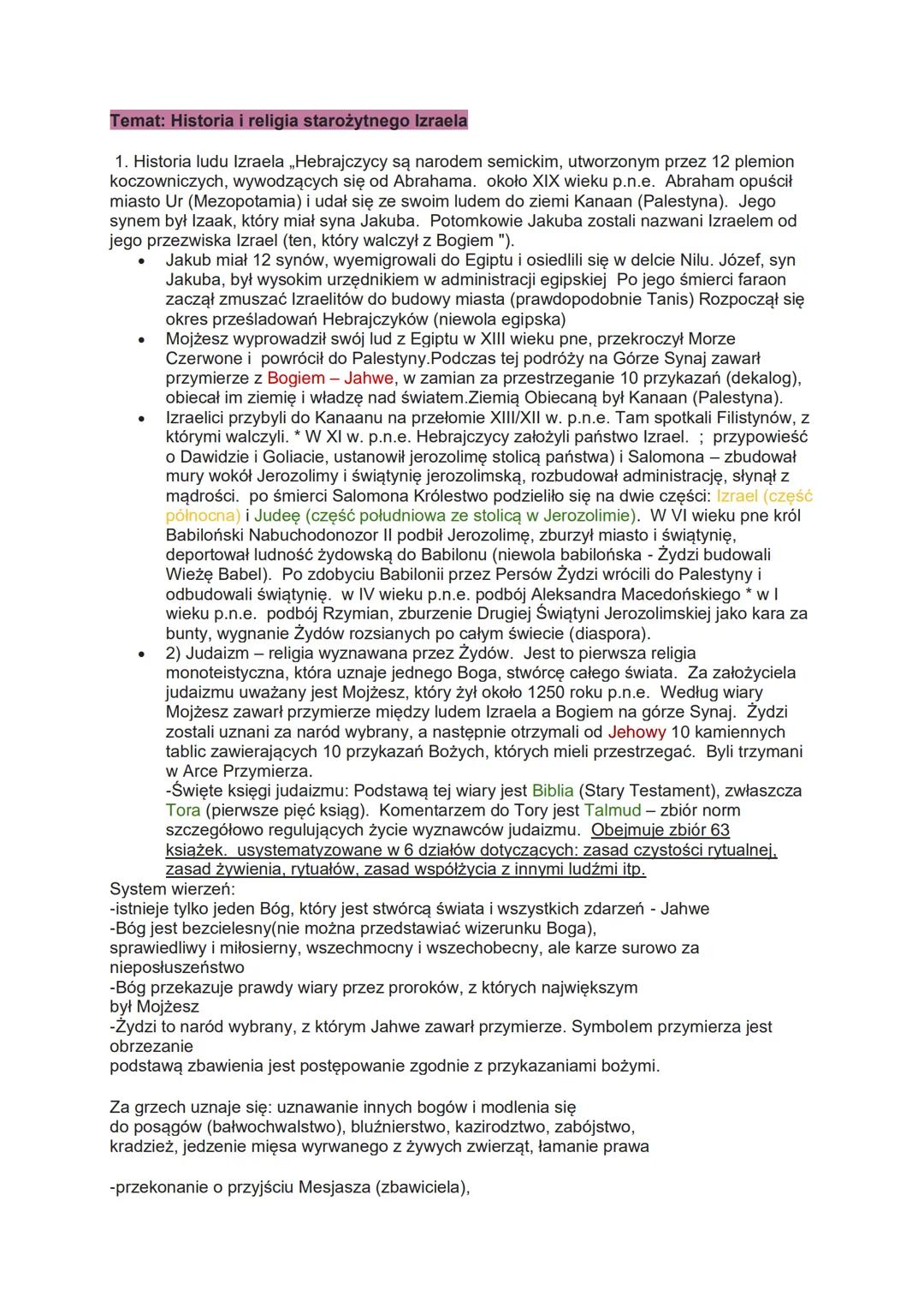 Temat: Historia i religia starożytnego Izraela
1. Historia ludu Izraela ,Hebrajczycy są narodem semickim, utworzonym przez 12 plemion
koczow