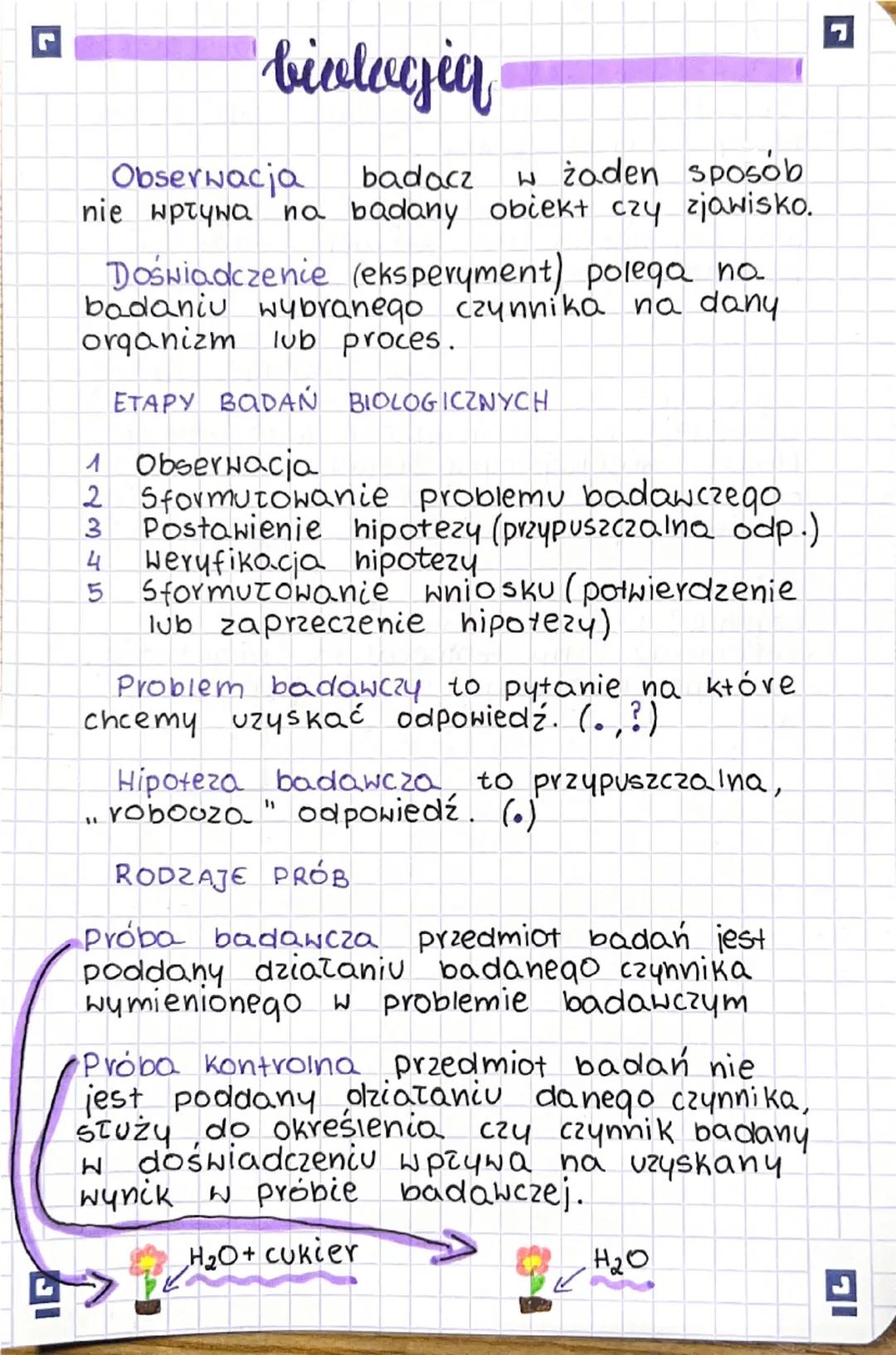 biologia
Obserwacja
badacz w żaden sposób
nie wpływa na badany obiekt czy zjawisko.
Doświadczenie (eksperyment) polega no.
badaniu wybranego