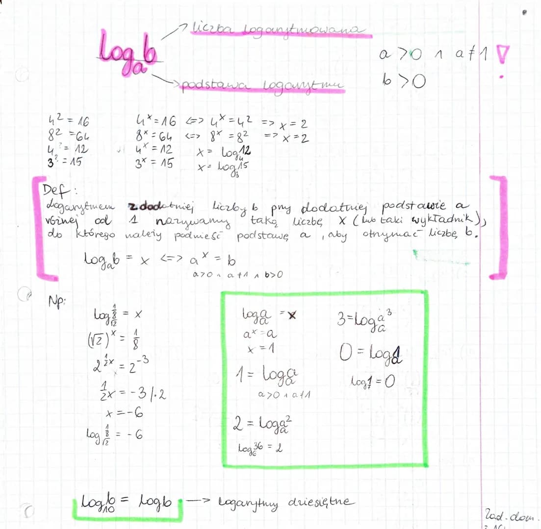42=16
82=64
? = 12
u
3 = 15
Log b
Np:
4x = 16 <=> x = 4² => x = 2
=>
x = 2
8 * = 64 <=> 8x = 8²
4x = 12
3* = 15
X
Def:
Logarytmem z dodatnie