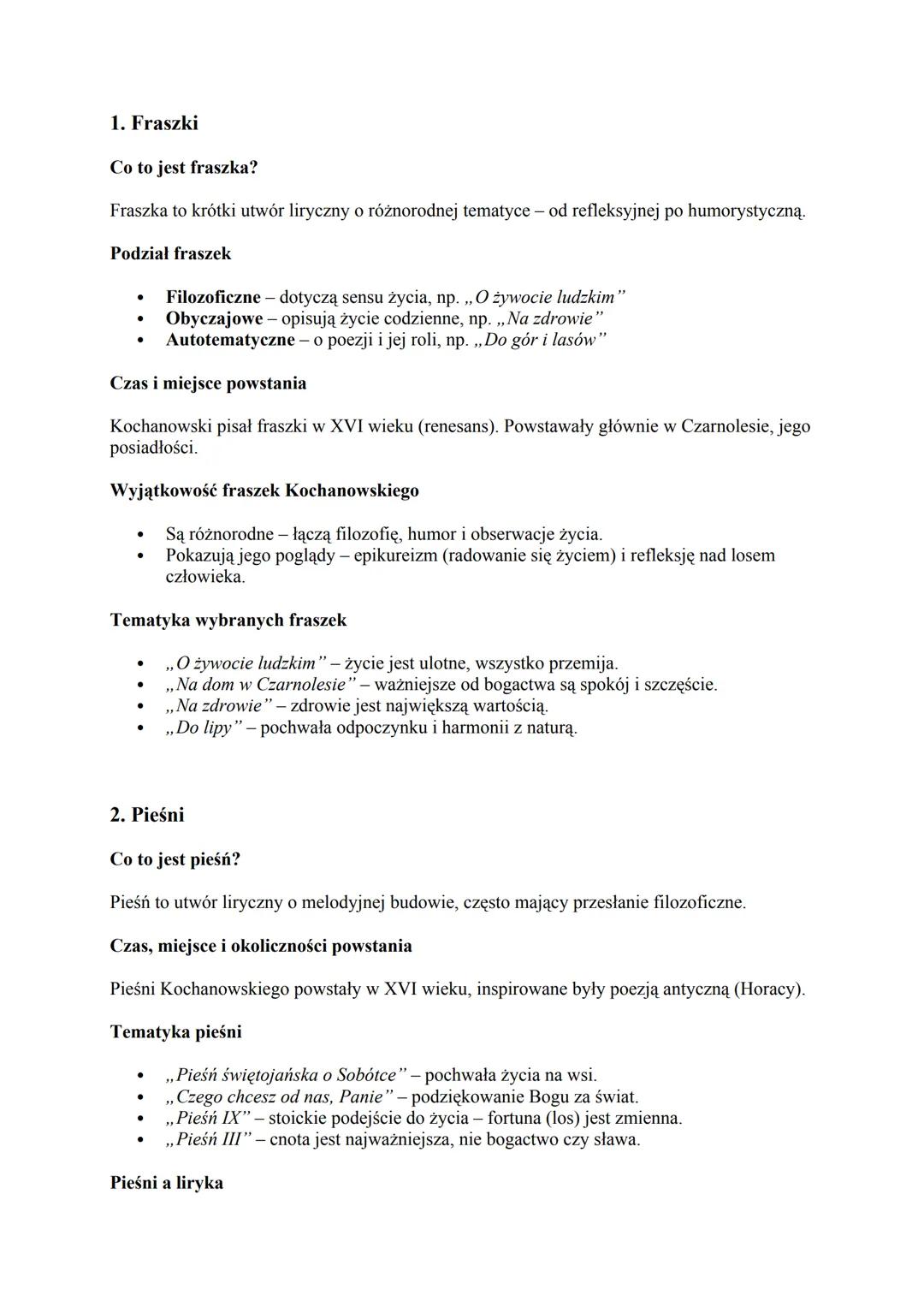 # 1. Fraszki

Co to jest fraszka?
Fraszka to krótki utwór liryczny o różnorodnej tematyce - od refleksyjnej po humorystyczną.

Podział frasz