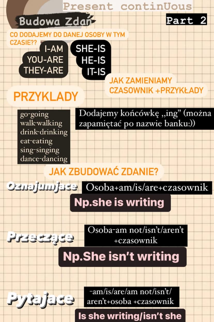 Present continuous
Kiedy stosujemy ten czas?
gdy coś się dzieje teraz/w
tym momencie np.ja siedze
teraz na krześle
gdy rozpoczęliśmy daną
cz