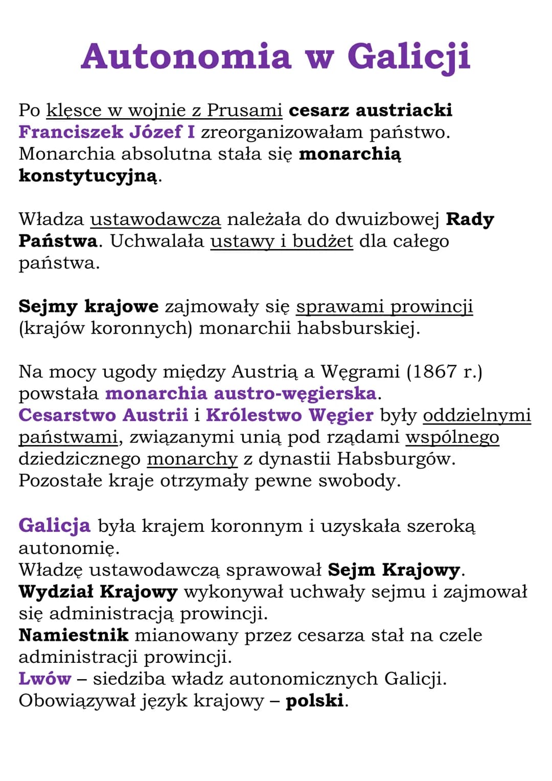 Autonomia w Galicji
Po klęsce w wojnie z Prusami cesarz austriacki
Franciszek Józef I zreorganizowałam państwo.
Monarchia absolutna stała si