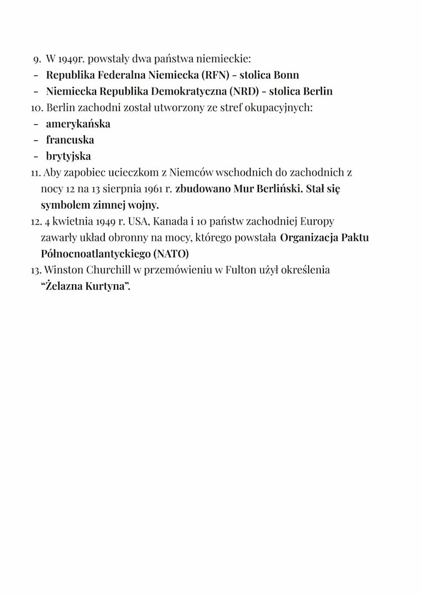 Początek zimnej wojny:
1. W konferencji w Poczdamie pod Berlinem brali udział:
przywódca ZSRS - Józef Stalin
- prezydent USA - Harry Truman
