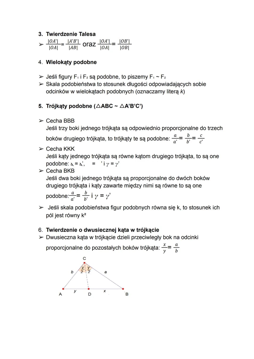 SPRAWDZIAN - PLANIMETRIA
1. Miary kątów w trójkącie
➤ Suma kątów w trójkącie równa jest 180°
➤ Dwusieczna trójkąta to półprosta o początku w