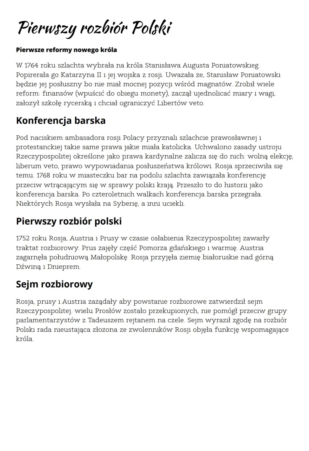 Pierwszy rozbiór Polski
Pierwsze reformy nowego króla
W 1764 roku szlachta wybrała na króla Stanisława Augusta Poniatowskieg.
Popirerała go 