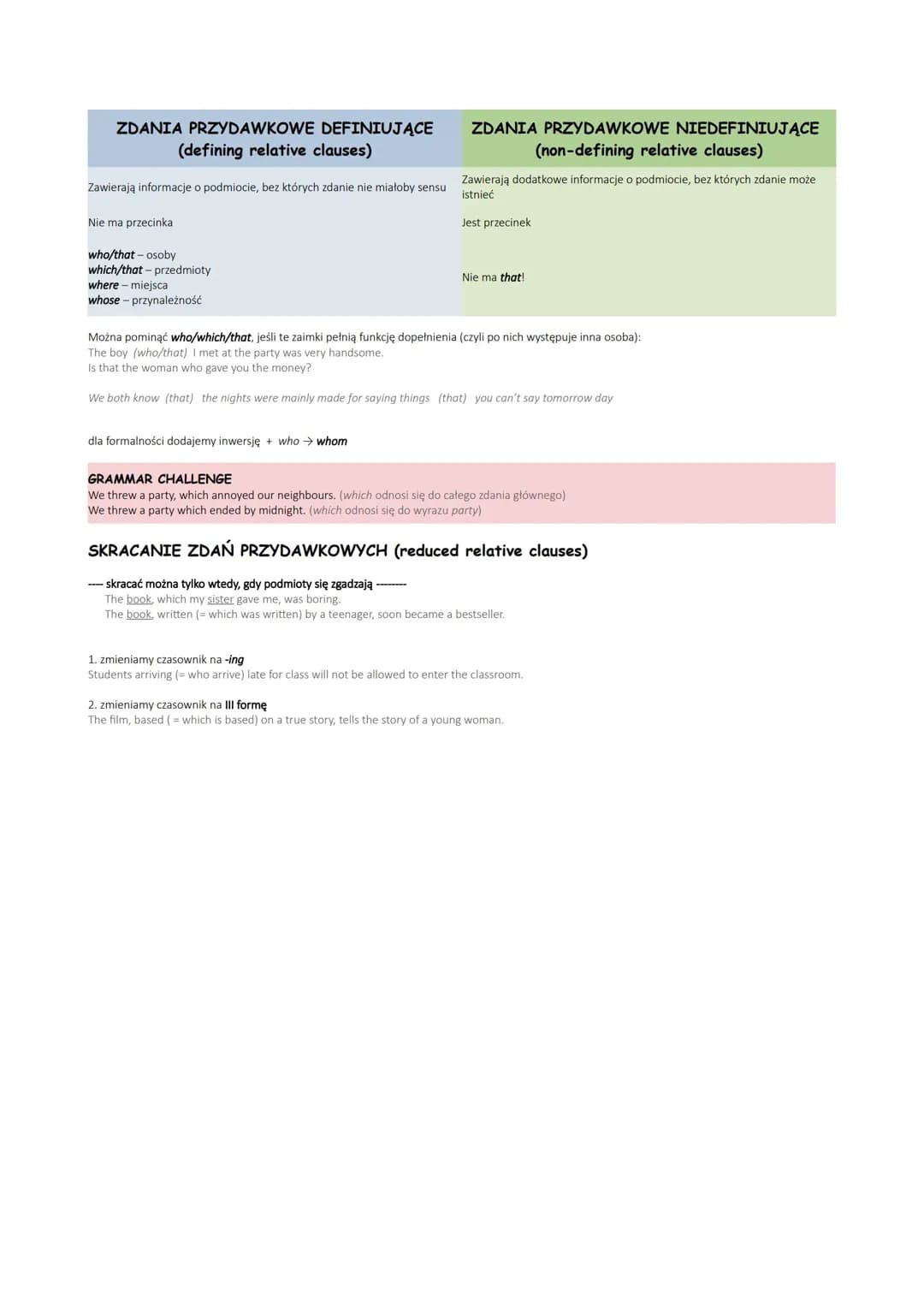 relative clauses, zdania przydawkowe