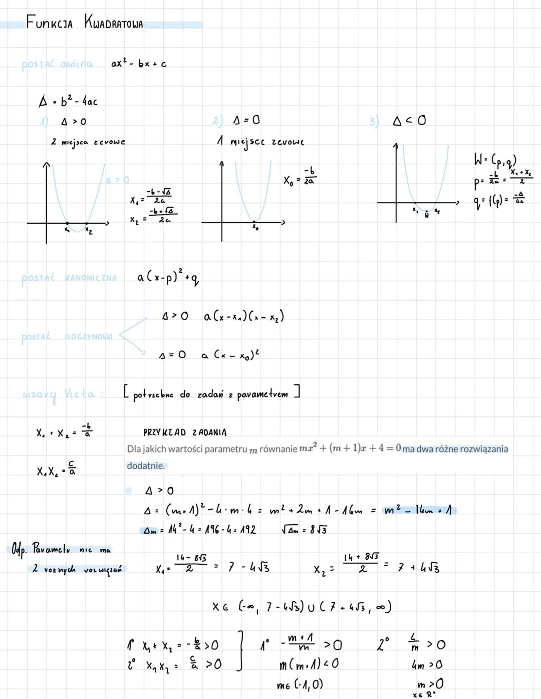 FUNKCJA KWADRATOWJA
POSTAĆ OGÓLNO ax² - 6x + c
A-b²-4ac
2 miejsca zerowe
POSTAĆ
A>0
wrong
2₂
POSTAĆ KANONICZNA
X.X.
*2
X₁ + X₂=
Victa
=
LOCZ