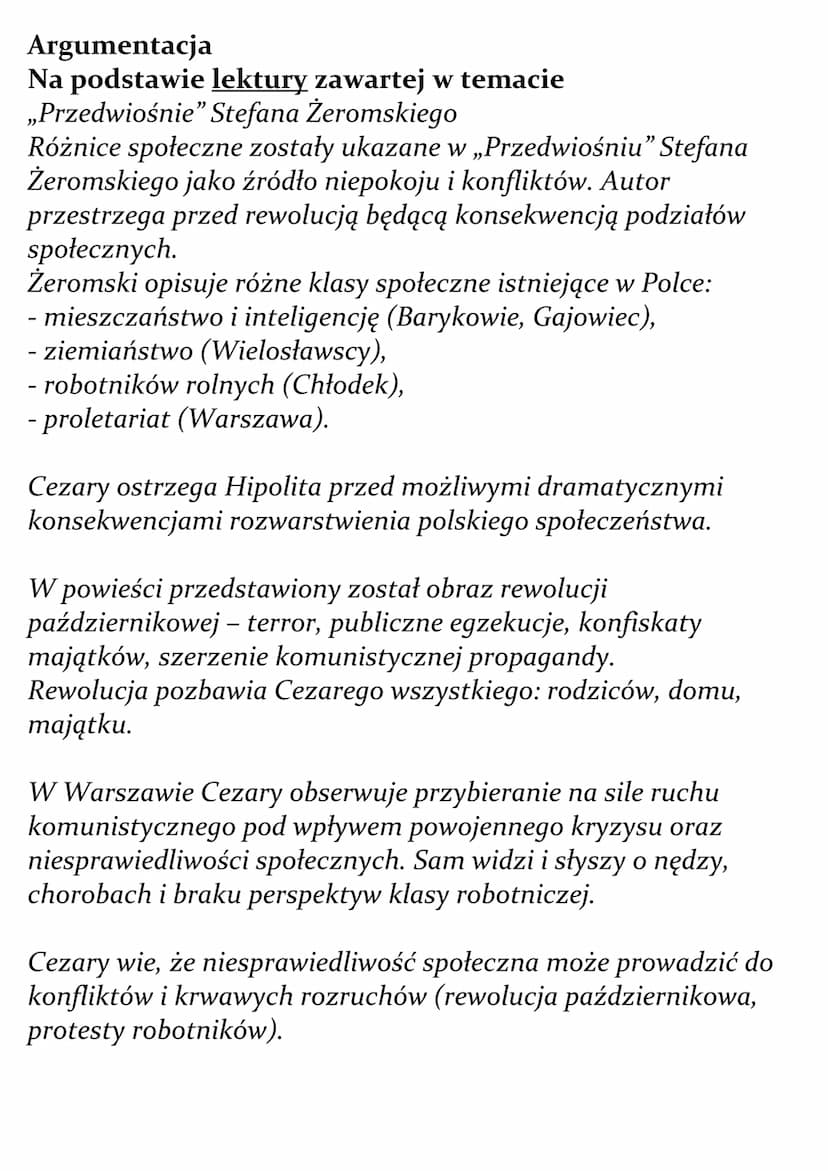 Różnice i podziały społeczne
jako źródło konfliktów.
Omów zagadnienie na podstawie Przedwiośnia Stefana
Żeromskiego. W swojej odpowiedzi uwz
