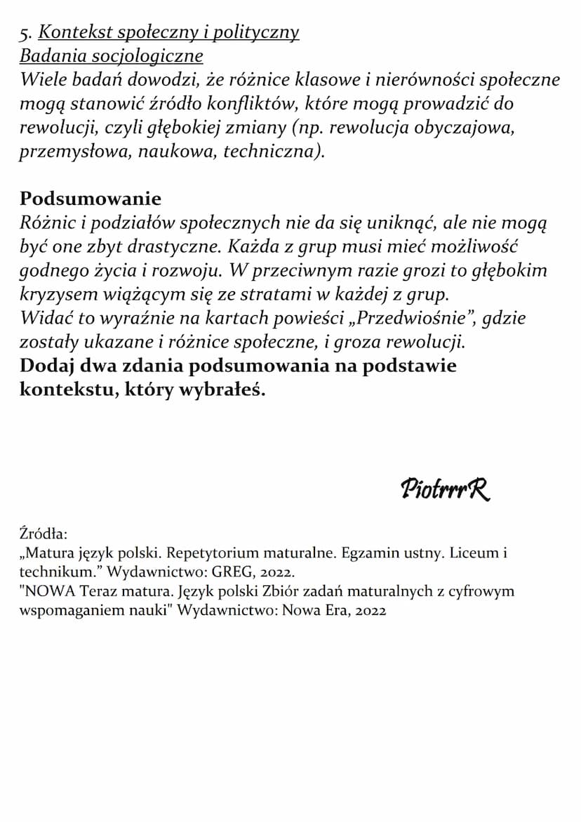 Różnice i podziały społeczne
jako źródło konfliktów.
Omów zagadnienie na podstawie Przedwiośnia Stefana
Żeromskiego. W swojej odpowiedzi uwz
