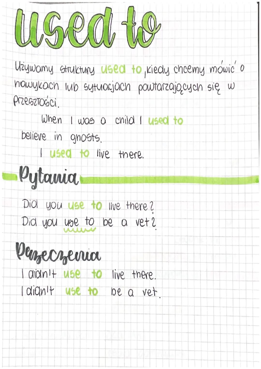 used to
Używamy struktury used to kiedy chcemy mówić o
hawykach lub sytuacjach powtarzających się w
przeszłości.
When I was a child I used t