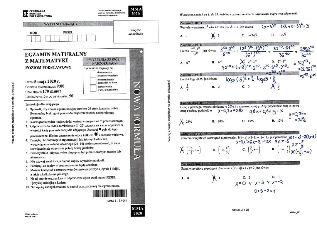 Matura Matematyka 2020 - Arkusze i Odpowiedzi z Maju