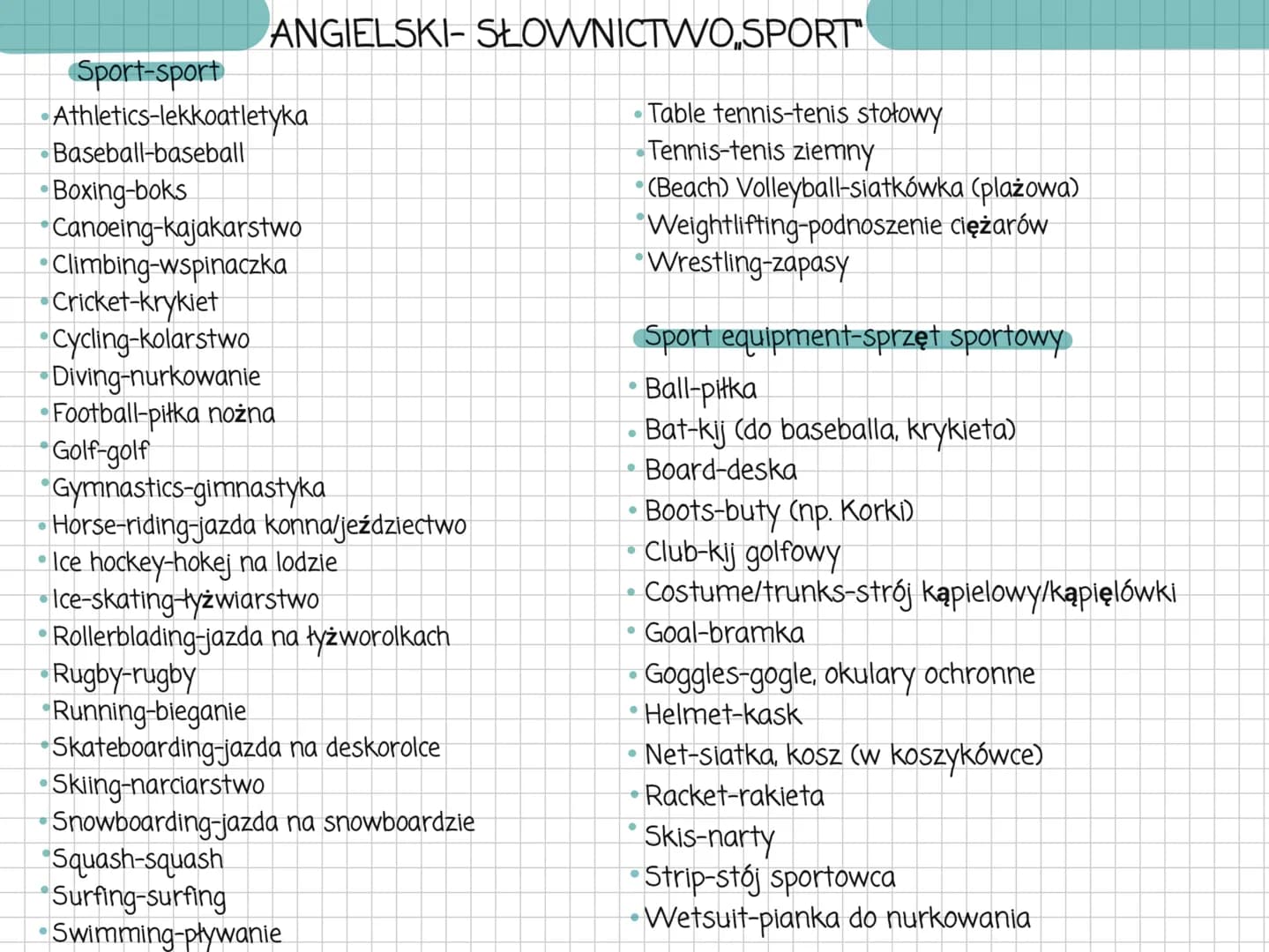 Sport-sport
Athletics-lekkoatletyka
Baseball-baseball
•Boxing-boks
Canoeing-kajakarstwo
• Climbing-wspinaczka
•Cricket-krykiet
Cycling-kolar