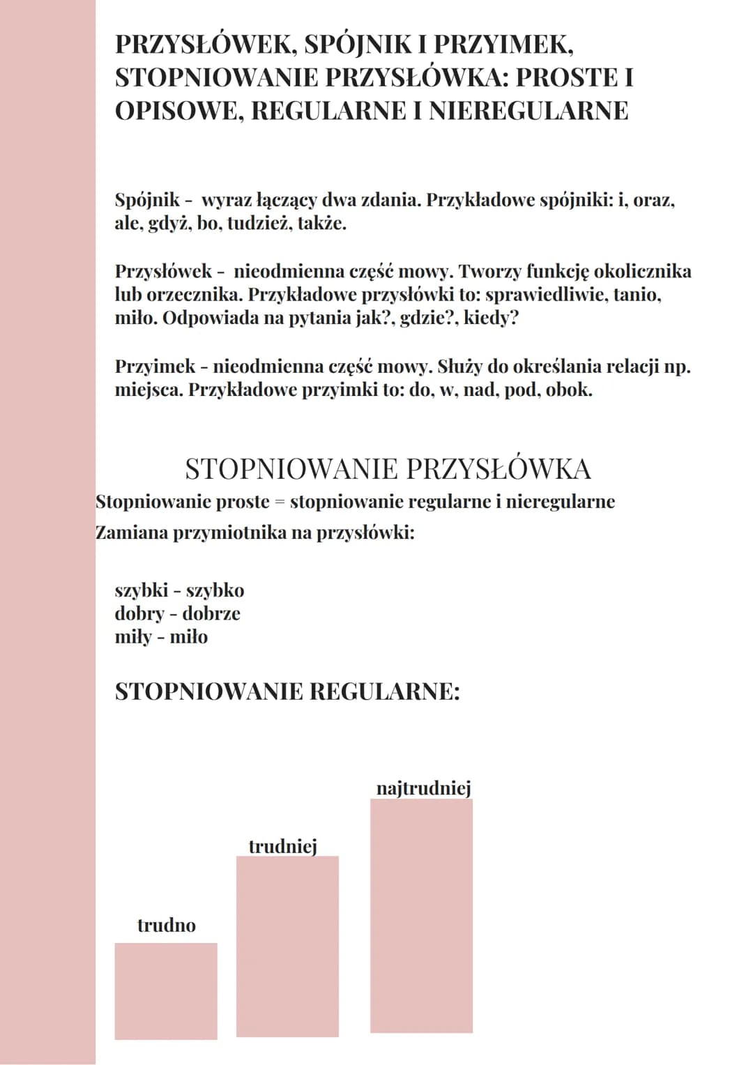 PRZYSŁÓWEK, SPÓJNIK I PRZYIMEK,
STOPNIOWANIE PRZYSŁÓWKA: PROSTE I
OPISOWE, REGULARNE I NIEREGULARNE
Spójnik - wyraz łączący dwa zdania. Przy