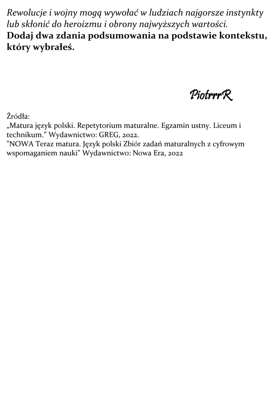 Wojna i rewolucja jako źródło
skrajnych doświadczeń
człowieka.
Omów zagadnienie na podstawie Przedwiośnia Stefana
Żeromskiego. W swojej odpo