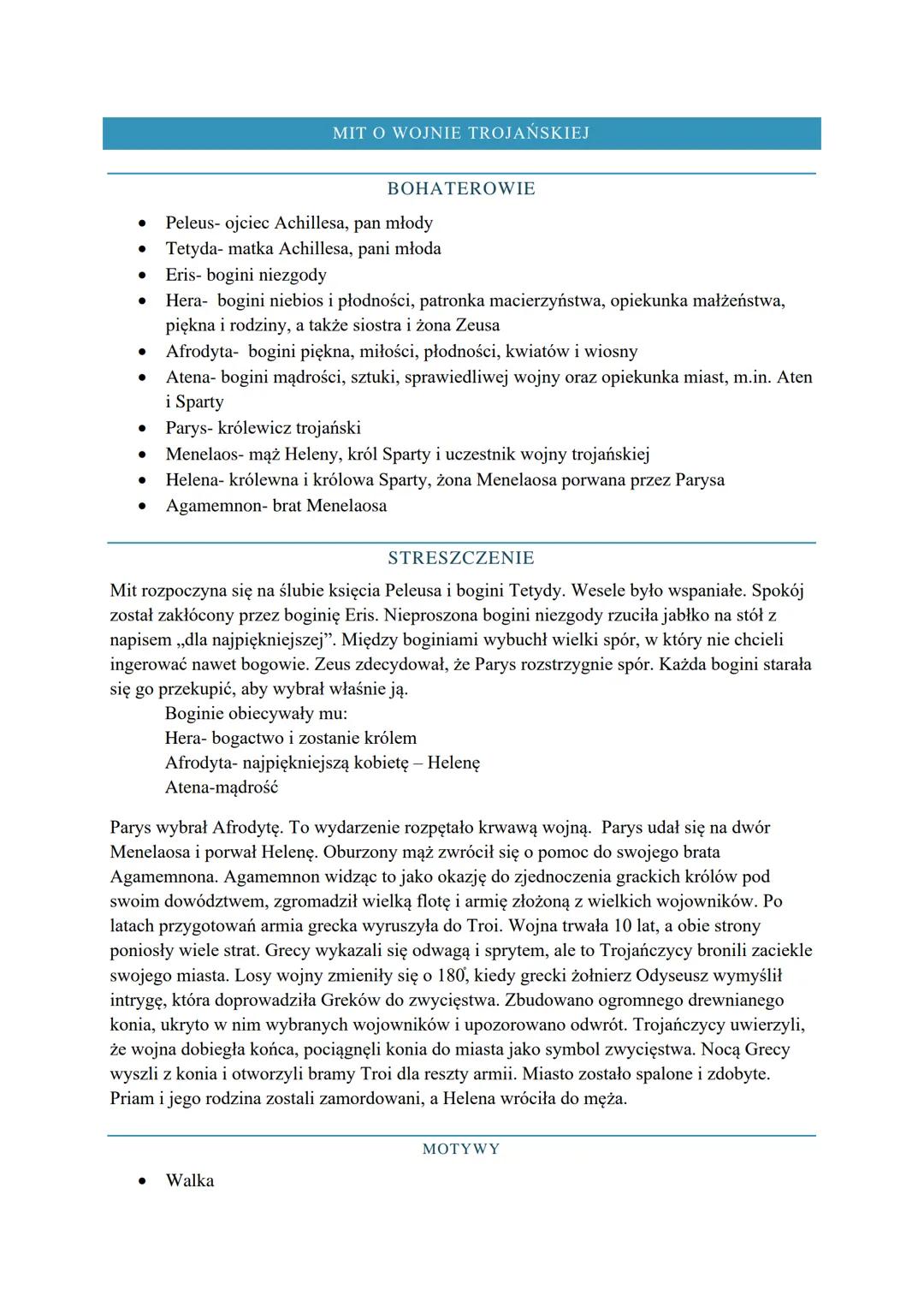 MIT O WOJNIE TROJAŃSKIEJ
BOHATEROWIE
•
Peleus- ojciec Achillesa, pan młody
• Tetyda- matka Achillesa, pani młoda
•
Eris- bogini niezgody
•
•