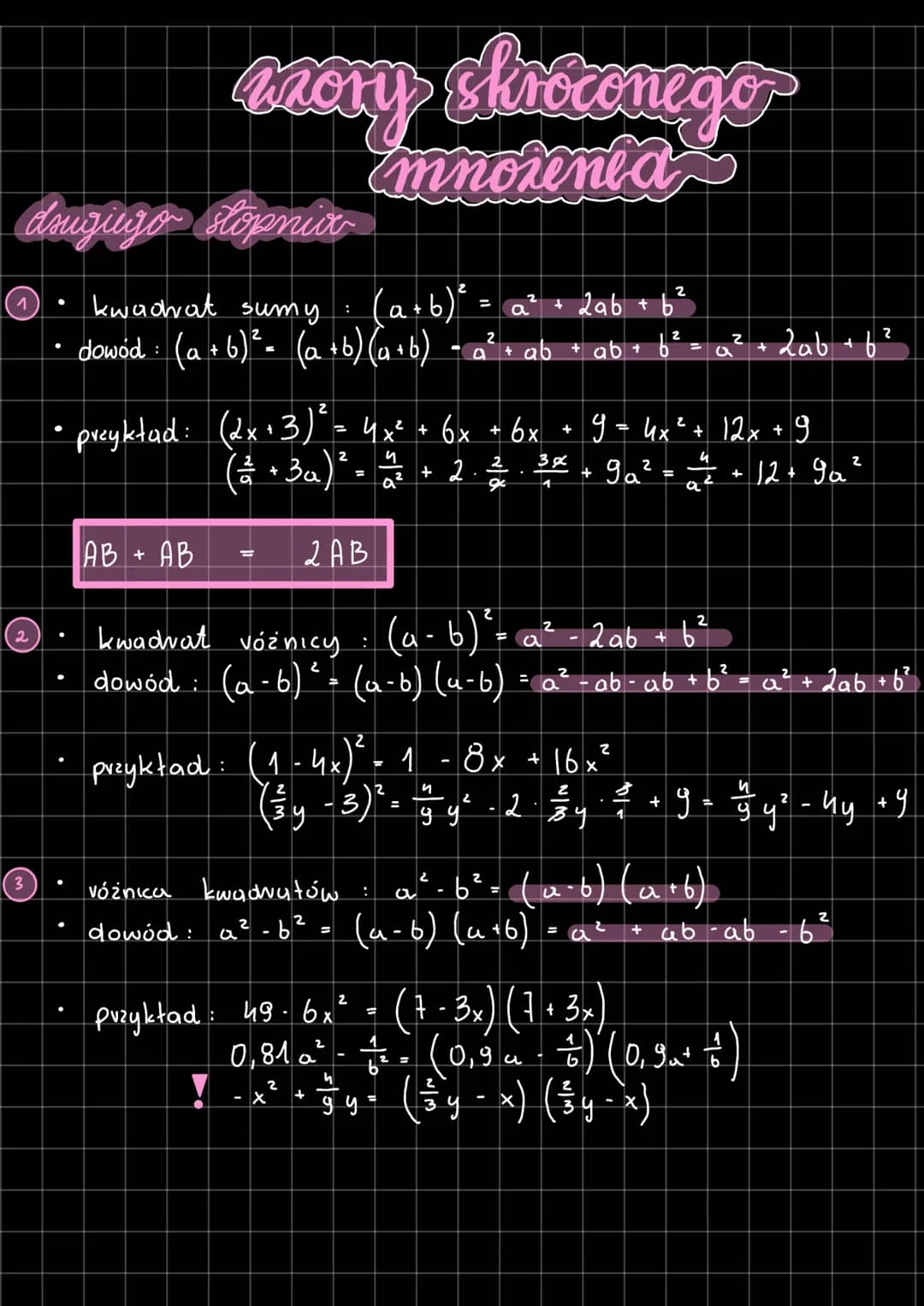 drugiego stopnia
1. kwadrat sumy: (a + b)² = a² + 2ab +6²
• dowód: (a + b)² = (a + b) (a+b) = a² + ab + ab + b ² = a ² + 2ab +6²
2
azory skr
