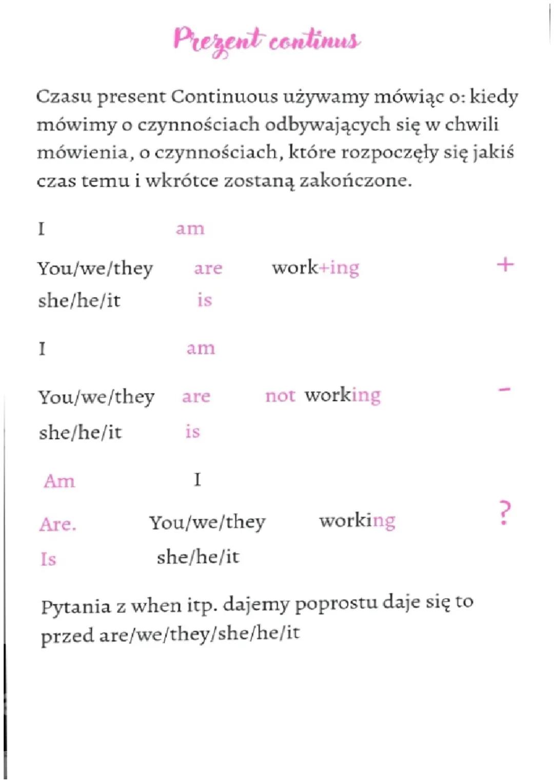 # Prezent continus

Czasu present Continuous używamy mówiąc o: kiedy
mówimy o czynnościach odbywających się w chwili
mówienia, o czynnościac