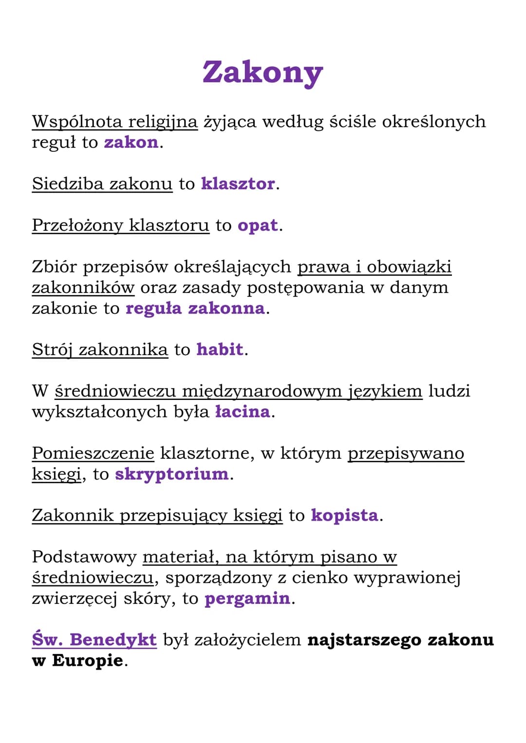 Zakony
Wspólnota religijna żyjąca według ściśle określonych
reguł to zakon.
Siedziba zakonu to klasztor.
Przełożony klasztoru to opat.
Zbiór