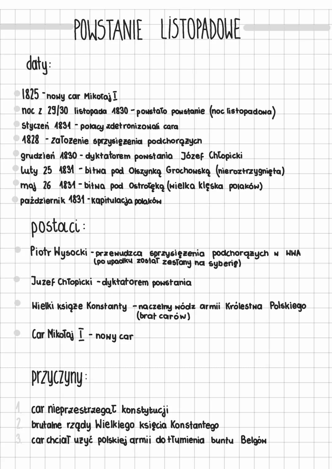 POWSTANIE LISTOPADOWE
daty:
1825-nowy car Mikoraj I
noc z 29/30 listopada 1830-powstało powstanie (noc listopadowa)
Styczeń 1831-polacy zdet