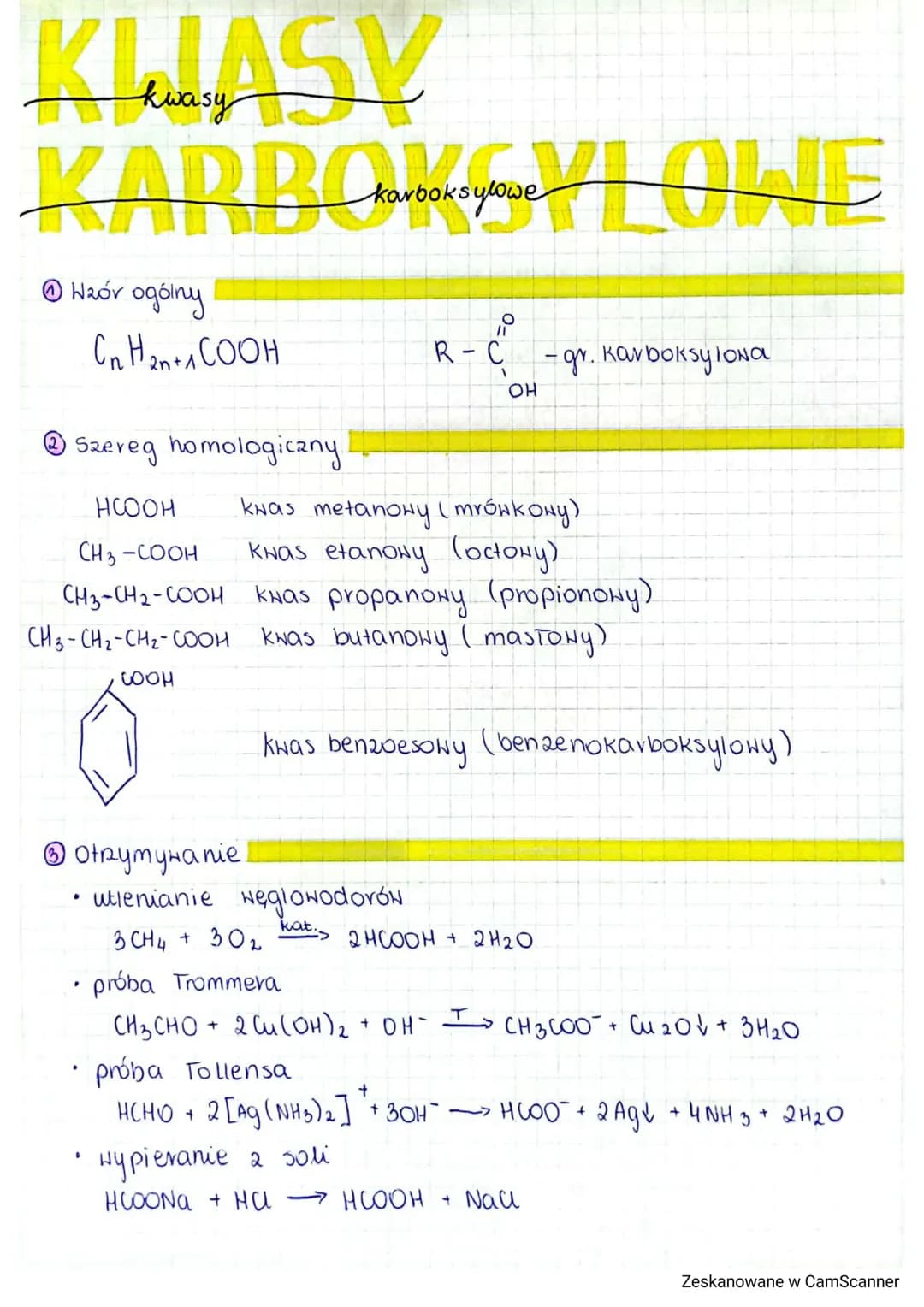 kwasy
KARBObora LONE
Haór
ogólny
Cn Hent1COOH
karboksylowe
Otrzymywanie
utlenianie węglowodorów
3 CH4 + 30₂
요
R-C
próba Trommera
CH3CHO + 2 