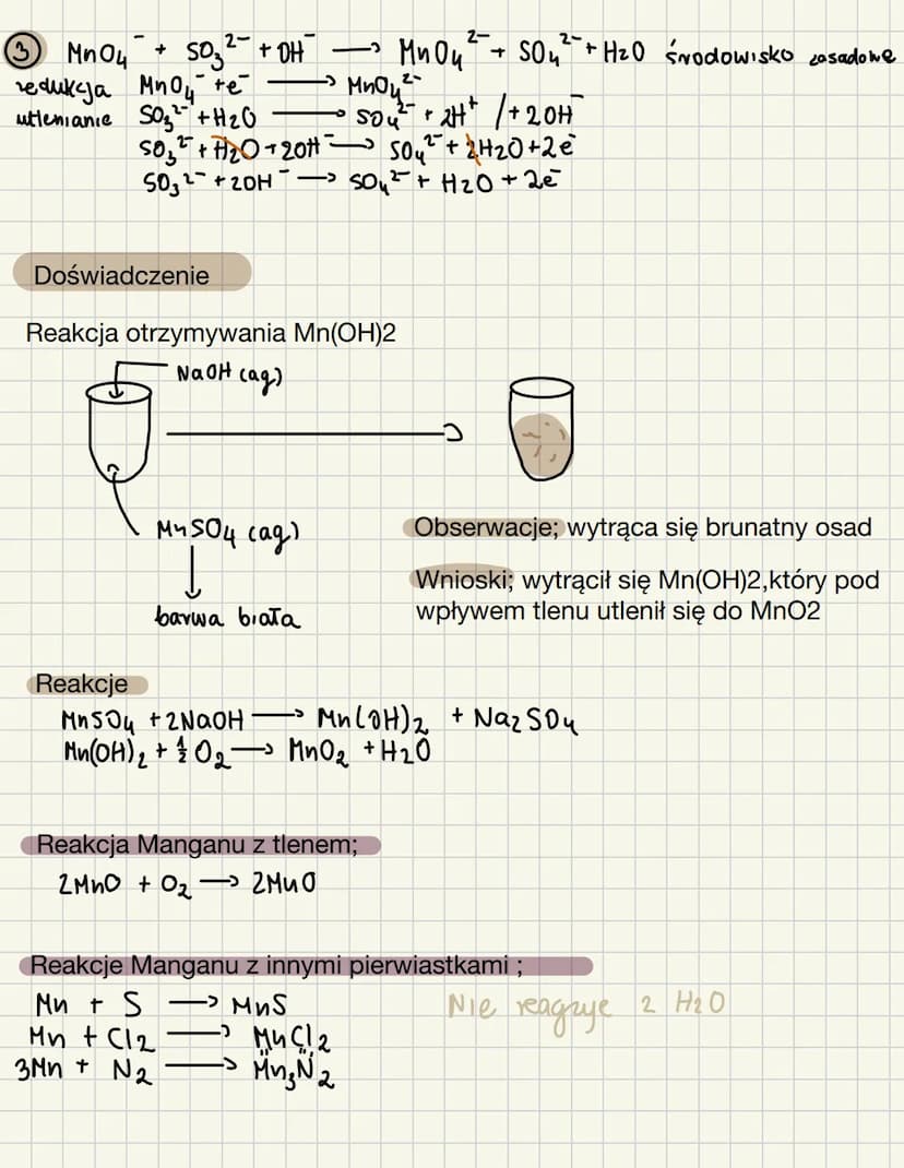 2-
SO₂² +OH
+
3 MnO4
геликаза мной те
utlenianie SO₂ + H₂O
2
50₂² + H₂O + 20H
Reakcje
Doświadczenie
MnSO4 (ag)
↓
barwa biała
P
Reakcja otrzy