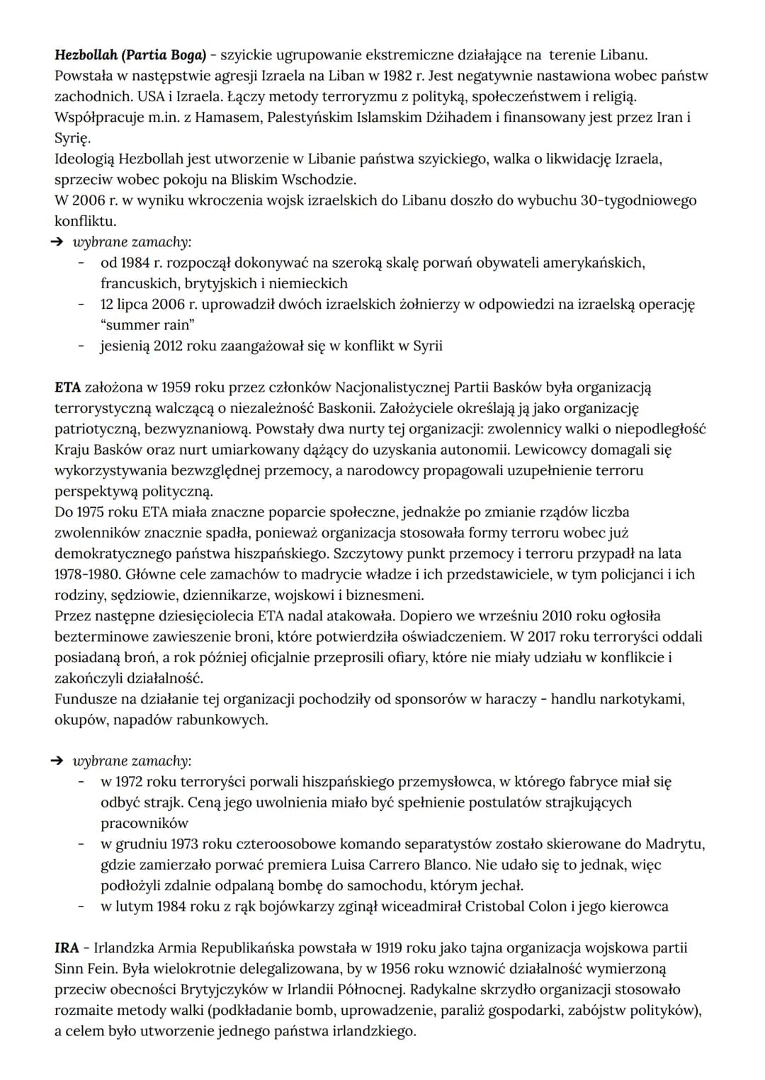 WIEDZA O SPOŁECZEŃSTWIE
Terroryzm - brutalny atak dokonany z premedytacją w określonych celach politycznych,
uderzający w bezbronne ofiary, 