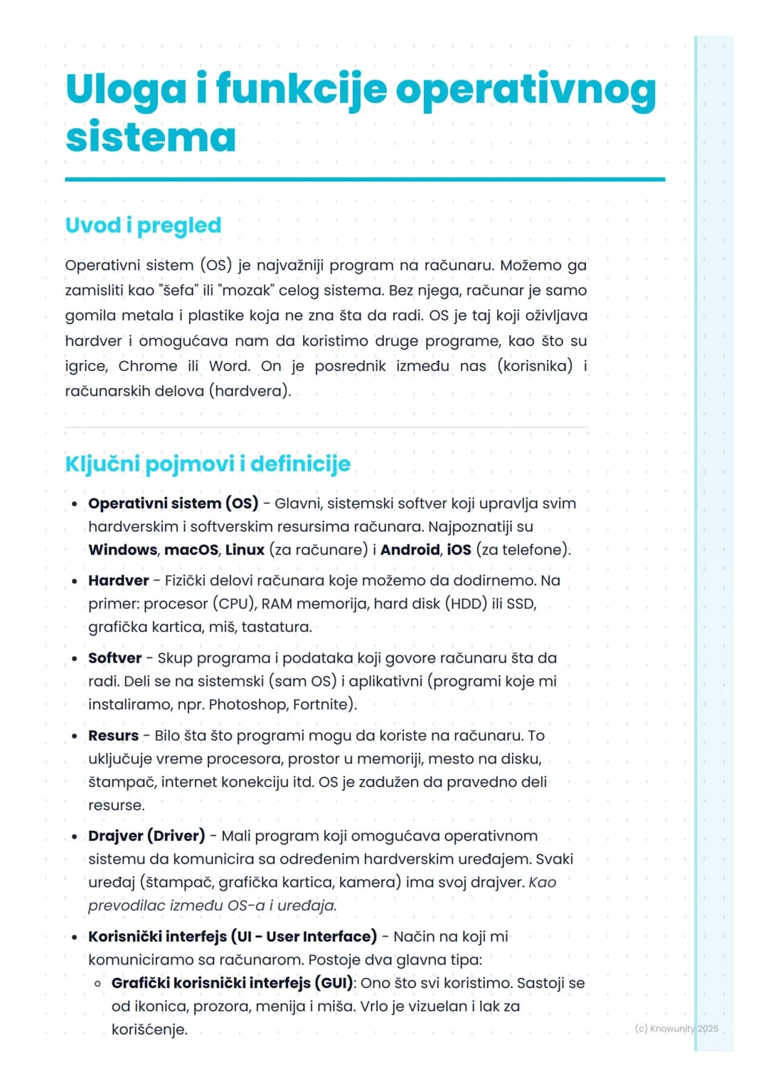 # Uloga i funkcije operativnog
sistema

Uvod i pregled

Operativni sistem (OS) je najvažniji program na računaru. Možemo ga
zamisliti kao "š