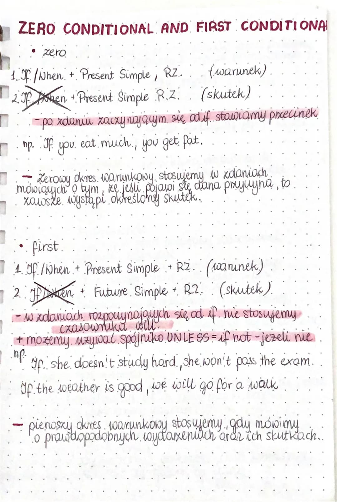 ZERO CONDITIONAL AND FIRST CONDITIONAL
zero
1. If / When + Present Simple, RZ.
2. Jf. Amen + Present Simple R.Z.
(skutek)
- po zdaniu zaczyn