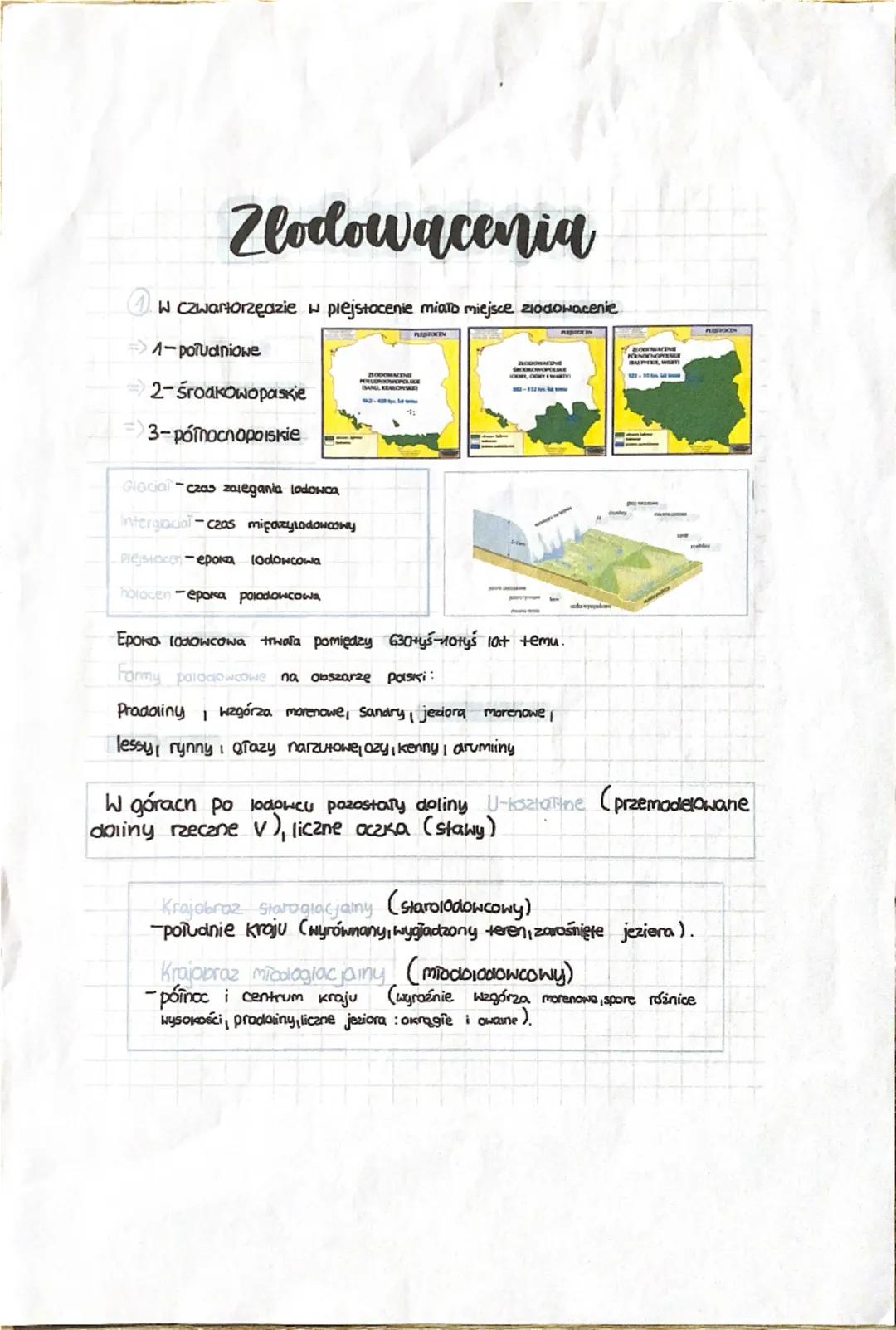 Zlodowacenia
W czwartorzędzie w plejstocenie miało miejsce zlodowacenie
1-południowe
2-środkowopaskie
3-pólnocnopolskie
Glacial czas zalegan