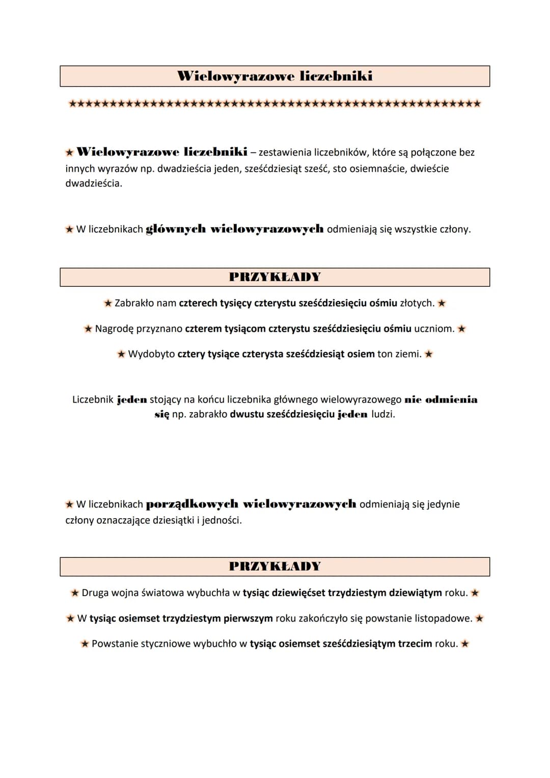 Podział na liczebniki główne i porządkowe,
wielowyrazowe liczebniki
Liczebnik - część mowy, która oznacza liczbę, ilość, kolejność, wielokro